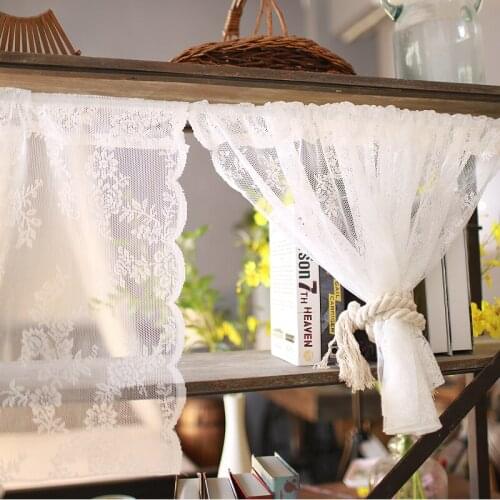 White Lace Small Curtain Flower Embroidery Coffee Mesh Pure Yarn Short Korean Curtain for Bar Kitchen Cabinet Door