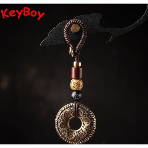 Buddhism Mantra Loop Pendant for Keychain Pure Brass Lucky Circle Lanyard Hanging Jewelry Vintage Men Motorcycle Key Chain Decor
