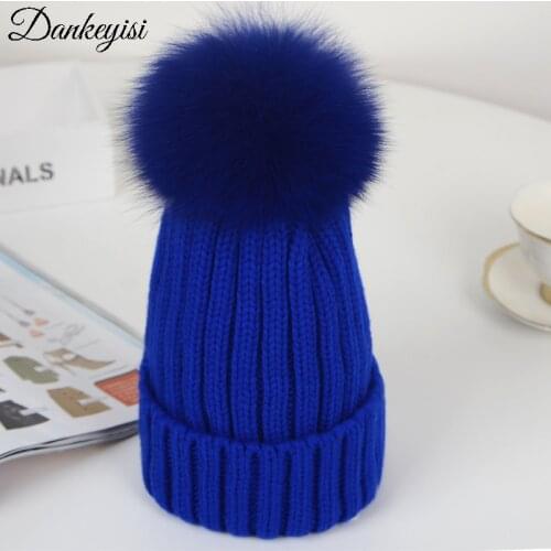 DANKEYISI Women Beanies Raccoon Fur Pom Poms Hat Wool Knitted Hat Beanies Skullies Children Caps Fox Fur Pompon Cap Winter Hats