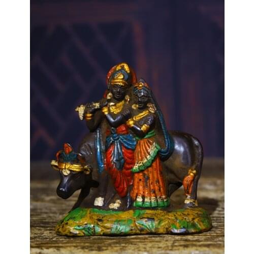 Home Decor 4" Tibet Buddhism Old Bronze Engraved Tracing Cowherd and Weaver Girl Cattle statue Loving couple Enshrine statue