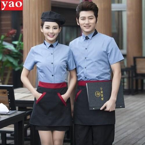 Fast Food Restaurant Uniforms Shirts Summer Short Sleeve Catering Clothes Cheap Cook Shirt +Apron Set Discount Workwear