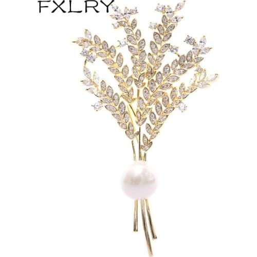 FXLRY Luxury Jewelry Pearls Brooches For Women Wheat Cubic Zirconia Fine Brooch Corsage Pins Cardigan Button