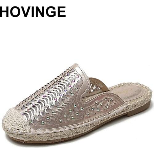 HOVINGE Multicolor breathable crystal mesh slippers women thongs patchwork pu sneakers shoes without lace weave flat slideswoman