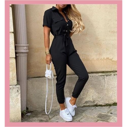 2020 Fashion Femmes Combinaisons Black Romper Casual Summer Bodysuit Belt T Shirts One Piece Overalls Plus Size Jumpsuit Outfits
