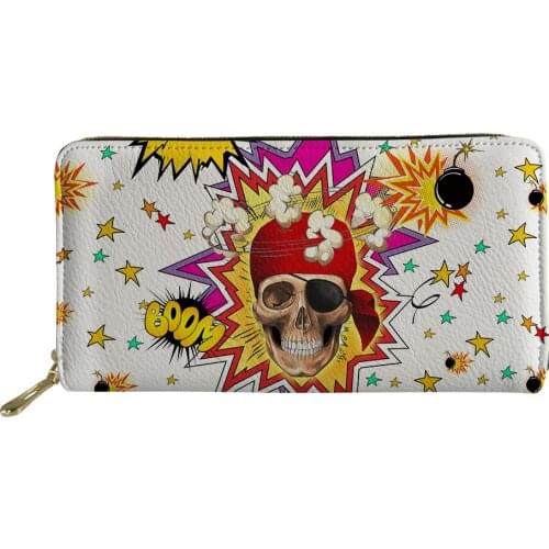 PU Leather Women Wallet Fashion Skull Print Zipper Coin Purse Female Large Long Card Wallets for Ladies Girls Handy Money Bag
