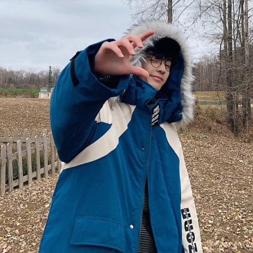 Fashion Color Combination Large Size Mens Cotton Jacket Winter Mens New Cotton Jacket Loose Thicken Warm Large Fur Collar Coat