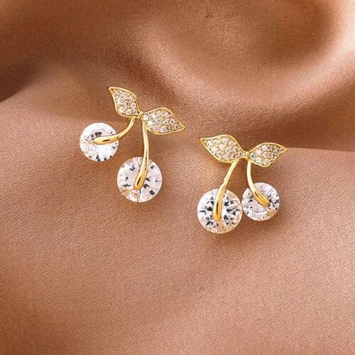 Sweety Cherry Stud Earrings For Women Shiny Imitation Crystal Korean Earrings Cute Gold Color 2021 New Arrival Dangler серьги