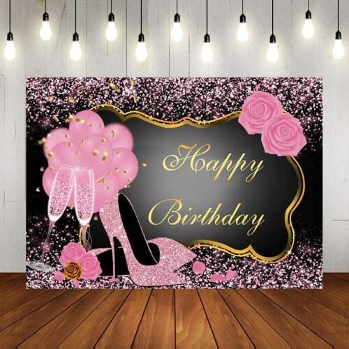 Sweet Pink Happy Birthday Backdrop Rose Shiny Sequin High Heels Champagne Golden Frame Party Photography Background Photo Studio