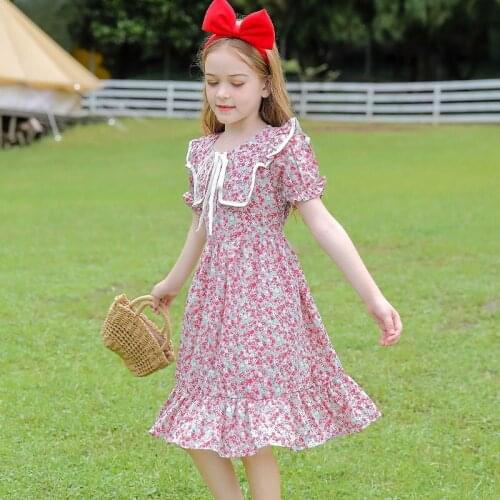 Fashion Floral Dress For Girls Peter Pan Collar Bow Rufles Hem Knee Gowns Children Outdoor Casual Daily Dresses 5-14 Years