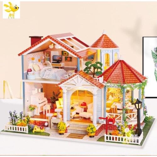DIY KIT House Wooden Doll Houses Miniature Dollhouse Furniture Kit With LED Toys For Children Christmas Gift L2001
