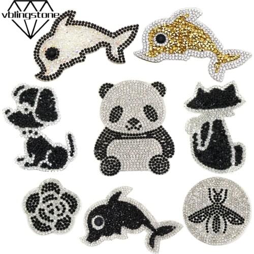 Cute Animal Rhinestone Patches Cute Dolphin Cat Dog Panda Patch Cartoon Clothes Stickers Thermo Badge Patch DIY Iron On Transfer