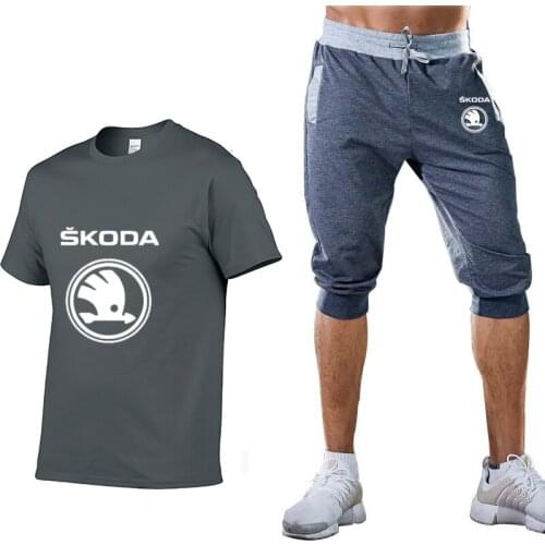Summer New Men T-shirt Skoda Car Logo Printing Casual Cotton Short sleeve High Quality Mens T-shirt+pants 2 piece suit
