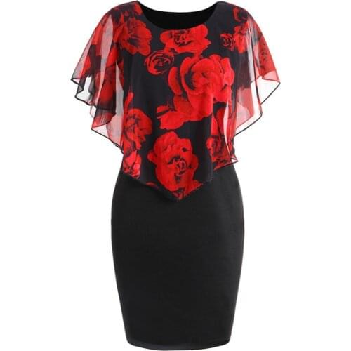 New Fashion Women Dress Plus Size O-Neck Elegant Rose Flower Print Cape Bodycon Knee Length Office Lady Party Midi Pencil Dress