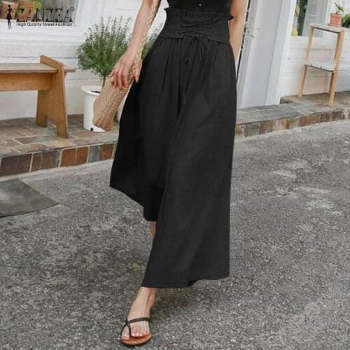 OL Stylish Women Pants ZANZEA 2021 Vintage Summer Belted Pant Casual Cotton Wide Leg Pant Lady Solid Loose Bottoms
