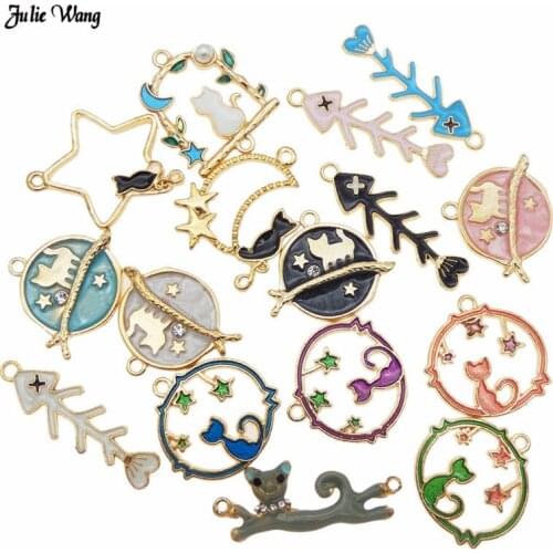Wholesale 10pcs Alloy Enamel Fish Bone Cat Shape Charms Gold Tone Mixed Cartoon Pendant For Bracelet Earrings DIY Accessory