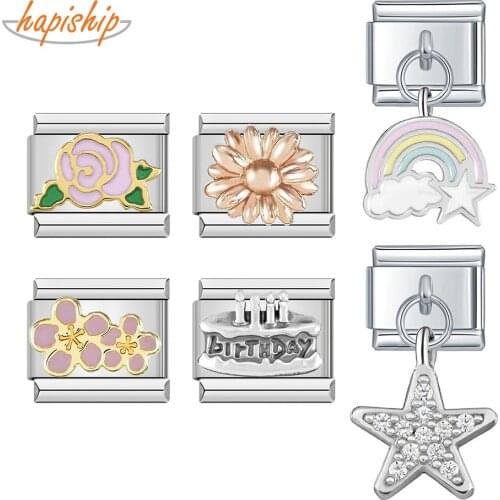 Hapiship New Original Daisy Rose Flower Birthday Cake Star Italian Charm Fit 9mm Bracelet Stainless Steel Jewelry Making DJ295