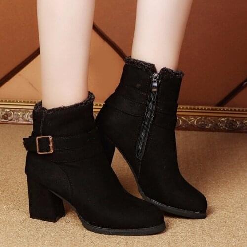 Autumn Winter New Thick Heel Plus Cotton Warm Martin Boots Womens Side Zipper Belt Buckle Short Boots High-heeled Suede W22-50