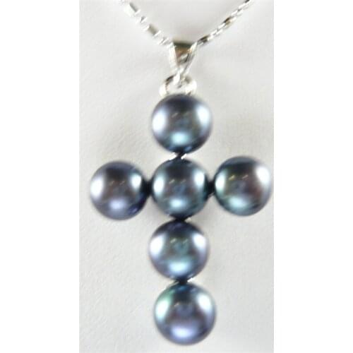 7-8MM BLACK TAHITIAN PEARL CROSS PENDANT NECKLACE 925silver WHITE