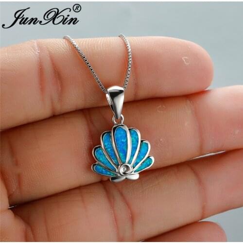 Luxury Blue White Fire Opal Necklace Conch Scallop Pendants For Women Silver Color Shell Wedding Choker Female Jewelry