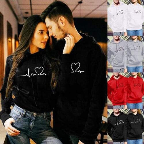 S-3XL Winter Warm Hooded Pullover Mens And Womens Valentines Day Heartbeat pulsation Print Loose Sweatshirt