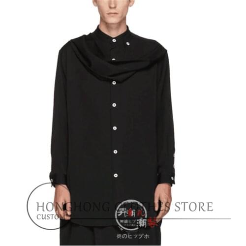 S-7XL! Plus-size mens shirts! [Customization] New mens shirt scarf design stand-up collar long sleeve shirt personality shirt