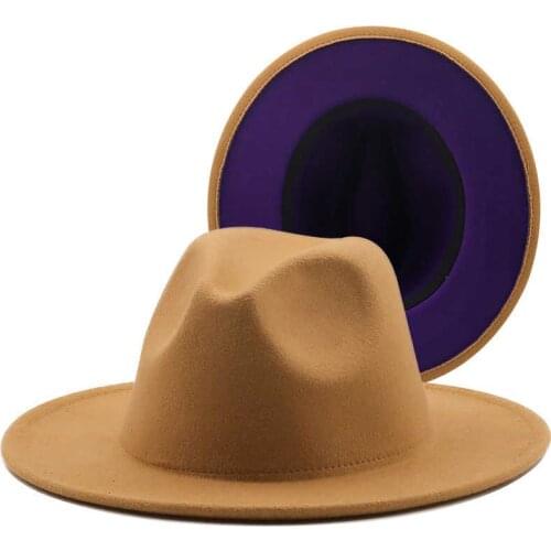 Tan New Outer Inner purple Wool Felt Jazz Fedora Hats with Thin Belt Buckle Men Women Wide Brim Panama Trilby Cap 56-58CM