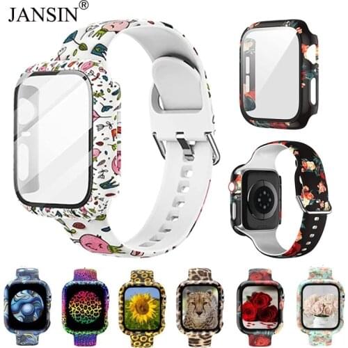 Glass Case+Printed Pattern Strap For Apple Watch Band 42mm 38mm Silicone Bracelet Correa For Apple Watch 44mm 40mm SE 6 5 4 3 2
