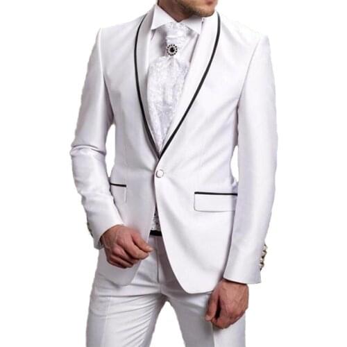 One Button White Men Suits For Wedding Black Edge Groomsmen Tuxedos Two Pieces Business Prom Suits Best Man Suits(Jacket+Pants)
