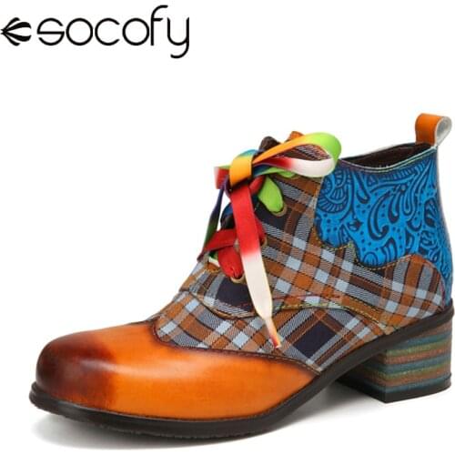 SOCOFY Shoe Retro Comfy Round Toe Leather Splicing Check Cloth Colorful Lace-up Zipper Chunky Heel Ankle Boot Fashion Short Boot
