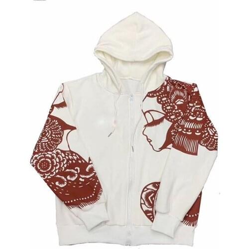 Chinese style paper cut patternZip Up Hoodie Sweatshirt Spring and autumn thinJacket Clothes Women Long Sleeve Pullovers 2021