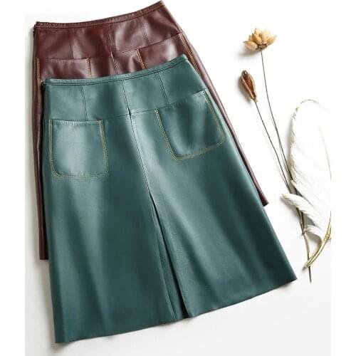 Stylish Women Genuine Leather Skirt Female Slit Pockets Sewing High Waist Jupe Mujer A-line Mid-Length Wine Red/Blue Chic Faldas