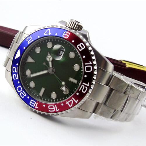 40MM GREEN Sterile Dial Sapphire Glass Date Luminous Deployment Steel Bracelet GMT Automatic Movement Mens Watch