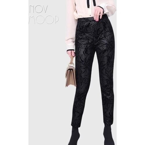 Novmoop printed genuine leather sheepskin women ankle length pants stylish Italy vintage style Pantalons en cuir LT3508