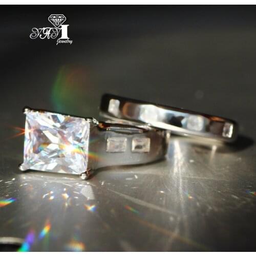 2pcs YaYI Jewelry Fashion Princess Cut 7 CT White Cubic Zirconia Silver Color Engagement Wedding Party Couples Rings