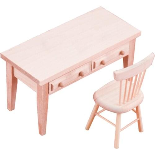 2 Pieces Miniature Wooden Dining Table And Chair, 1:12 Dollhouse Dining Room