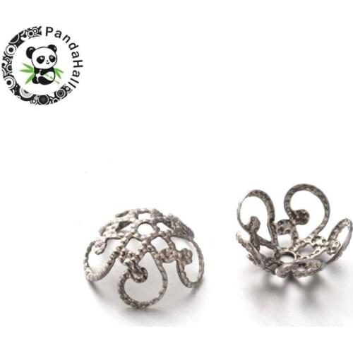 304 Stainless Steel 5-Petal Flower Filigree Bead Caps, Stainless Steel Color, 10x5mm, Hole: 1mm