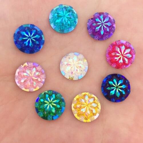 80Pcs AB Resin Shiny 12mm Round Flower Gems Flatback Rhinestone Clothing Applique Scrapbook Jewelry DIY Accessories Craft OK82