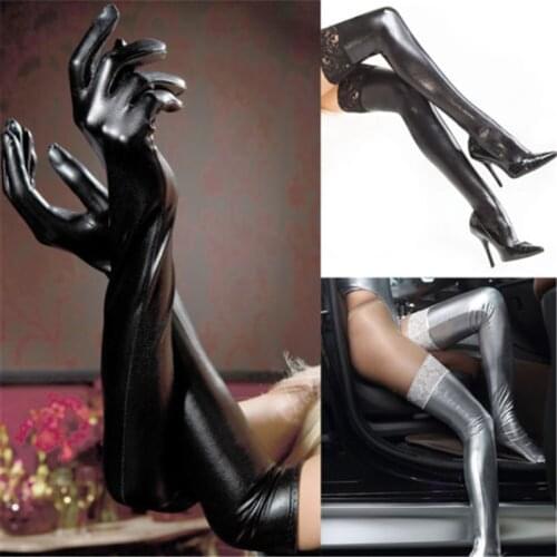 Sexy Stockings Latex Leather Gloves Womens Patent Elastic Lace Knee Socks Clubwear Sexy Catsuit Cosplay Thigh High Long Socks