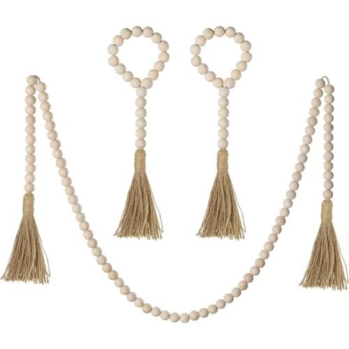 3Pcs/Set Wooden Beaded Garland with Tassel Rustic Look Farmhouse Style Wall Tray Decoration