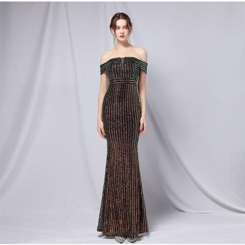 Elegant Off Shoulder Party Maxi Dress 2021 Boat Neck Gold Sequin Dress Women Long Dress