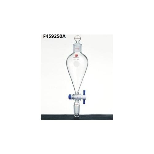 F459250A :Funnel, Separatory, Capacity:250ml, Joints:19/22, PTFE stopcock:4mm, Stopper:Glass