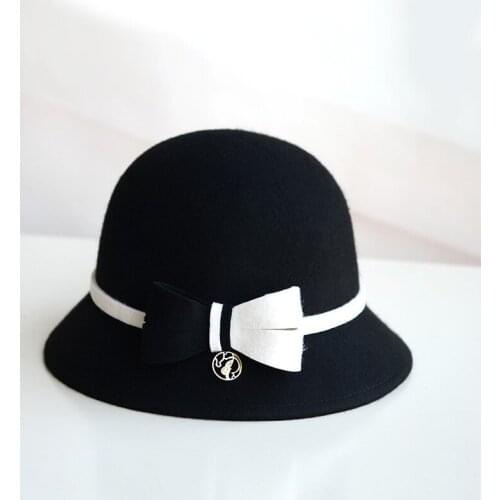 H284 Autumn Winter Wool Fedoras Hat Women Korean Fashion Elegant Basin Cap Ladies Dome Short Eave All-match Casual Bowknot Hats