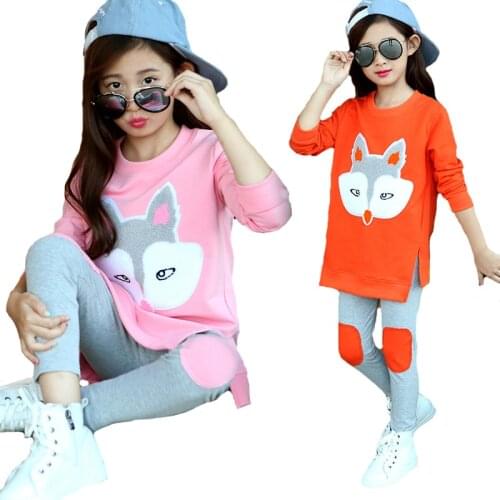 Girls Clothing Set Cartoon Fox Pure Cotton Full Sleeve Shirt + Pants 2PCs Suit For Girl Birthday Present Children Clothing