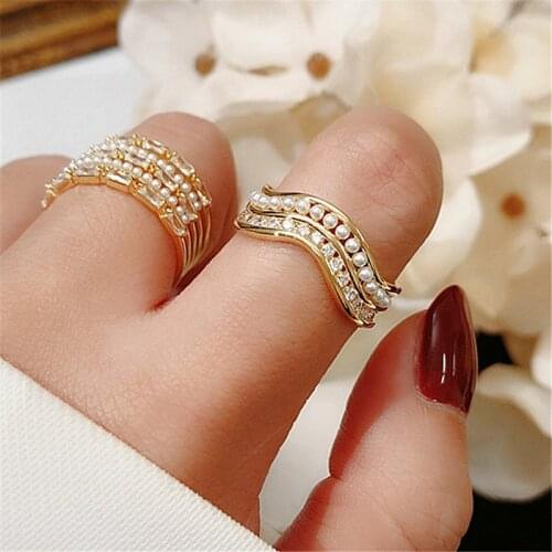 Korean Multi-Layer Pearl Zircon Ring For Women Ins Fashion Shining High-Grade Wavy Shape Open Ring Married Jewelry Holiday Gifts