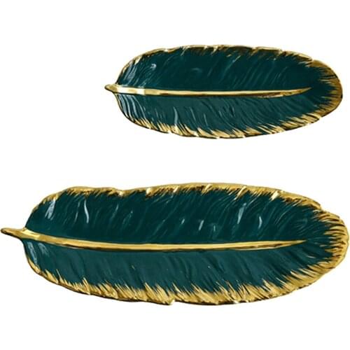 Set Of 2 Ceramic Jewerly Tray Green Leaf Shaped Sushi Nut For Necklace