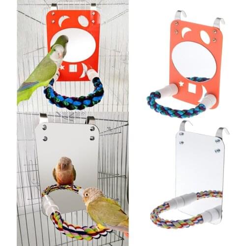 Set Of 2 Parakeet Mirror Bird Mirror W/ Colorful Rope Perch Cage Toy Hanging