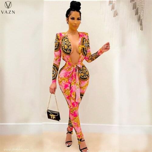 VAZN 2021 Lady New Fashion Sexy High Street Style Jumpsuits Long Sleeve Deep V Printed Tight Jumpsuits Long Pants