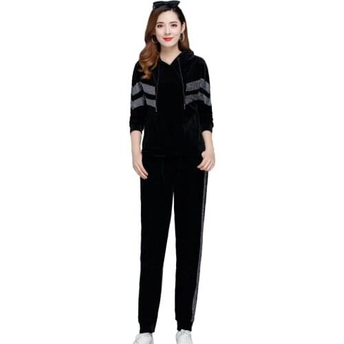 New Large size women Gold velvet suit female 2 piece set Leisure Hooded Sporting suit female Spring Autumn Middle age clothes
