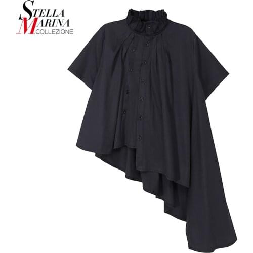 Solid Black White Woman Summer Fashion Tops Short-Sleeve Blouses Sloping Hem Girls Unique Casual Shirt Style chemise femme 8403