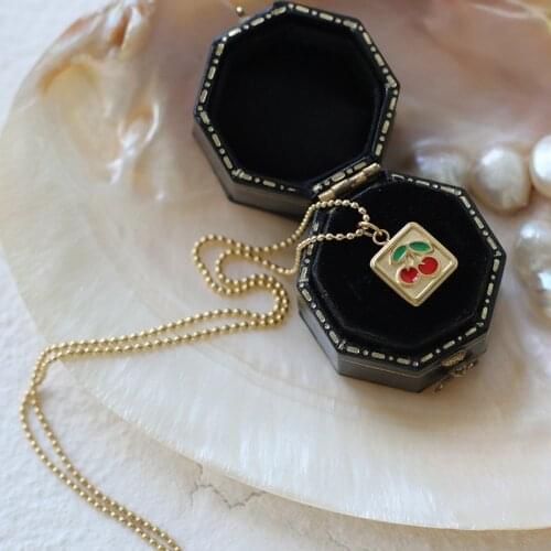 Delicate Summer Women Jewelry Pearls Choker Red Cherry Enamel Square Pendant Gold Necklaces for Girl Stainless Steel Chain Beads